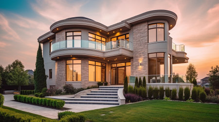 Exterior of modern luxury house with garden and walkway at sunsetの素材