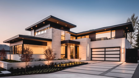 3d rendering of modern cozy house with garage and pool for sale or rent with beautiful landscaping on background. Clear summer evening with blue sky.の素材