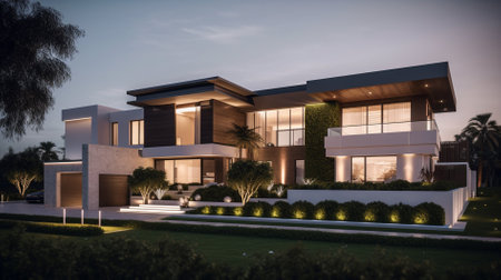3d rendering of modern cozy house with pool and parking for sale or rent in luxurious style.の素材
