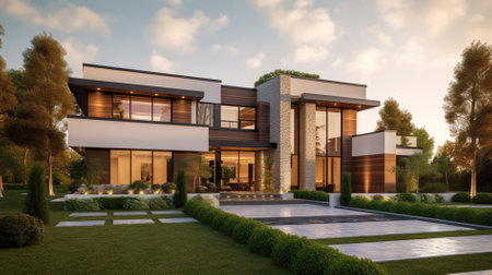 3d rendering of modern cozy house with pool and parking for sale or rent in luxurious style and beautiful landscaping on background. Clear sunny summer evening with blue sky.の素材