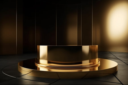 Golden pedestal in dark room. Mock up, 3D Renderingの素材