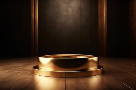 Golden pedestal on a dark background. 3d rendering, 3d illustrationの素材