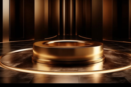 3d render of golden pedestal on the floor in dark roomの素材