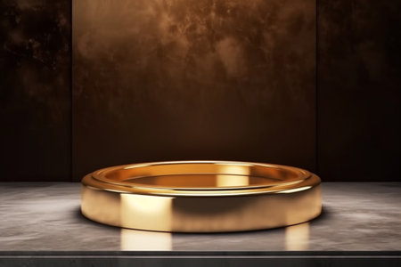 Golden pedestal on black marble floor with copy space. 3D renderingの素材