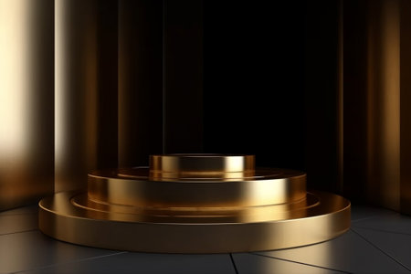 Golden pedestal or podium on black background. 3D rendering.の素材