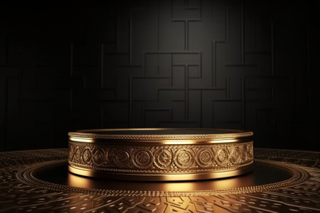 3d render of golden podium with oriental pattern on black backgroundの素材