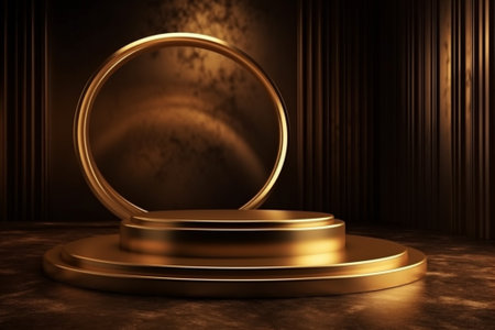 Golden podium on dark background. 3d render. Stage backdrop.の素材