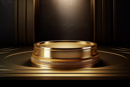 3d render of golden podium on black background. Luxury product display.の素材