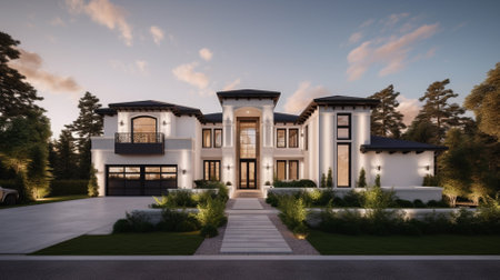 3D rendering of a luxury house in the garden at dusk.の素材
