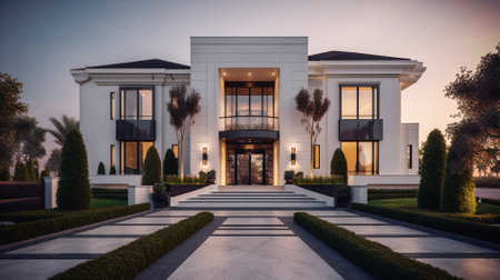 Luxury modern house in the evening. 3D Renderingの素材