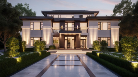 3d rendering of modern cozy house with garage and pool for sale or rent with beautiful landscaping.の素材