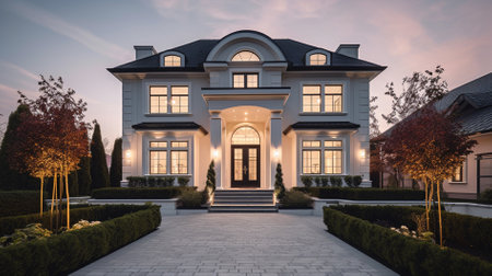 3D render of a luxury house in the garden at dusk.の素材
