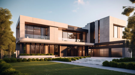 3d rendering of modern cozy house with garage and pool for sale or rent with beautiful landscaping on background. Clear summer evening with blue sky.の素材