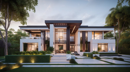 3d rendering of modern cozy house in colonial style with garage and pool for sale or rent. Clear summer evening with many stars on the sky. With many trees on background.の素材