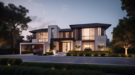 3d rendering of modern cozy house with garage and pool for sale or rent in luxurious style. Clear summer night with many stars on the sky.の素材