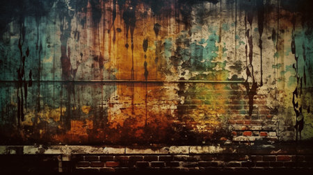 Grunge background with old brick wall and colorful paint splashesの素材