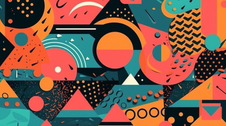 Retro 80s-90s geometric pattern. Memphis style of 80s. Abstract colorful funky background. Vector Illustration.の素材