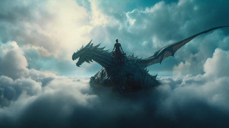 3D Illustration of a Dragon in the sky with clouds.の素材
