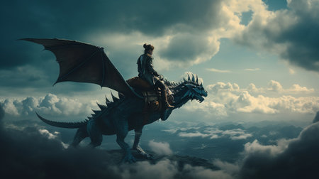 Dragon rider on the top of the mountain. 3d illustration.の素材
