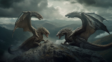 Three dragons on a rock in the mountains. 3d render.の素材