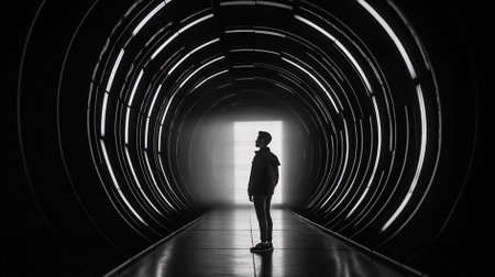 Silhouette of a man standing in a dark tunnel and looking at the lightの素材