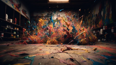 abstract paint splashes on wooden floor in studio with art equipmentの素材