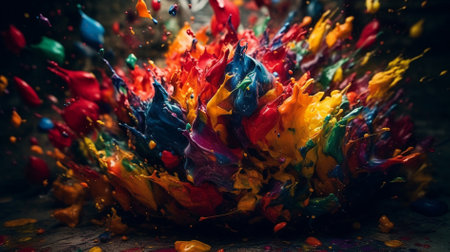 Colorful paint splashes on wooden background. Close up view.の素材