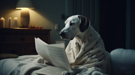 Dog in bed reading a newspaper at night. The dog is covered with a blanket.の素材
