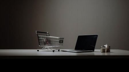Shopping cart and laptop on the table. Online shopping concept.の素材