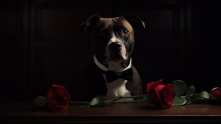 American Staffordshire Terrier with red roses on a dark background.の素材