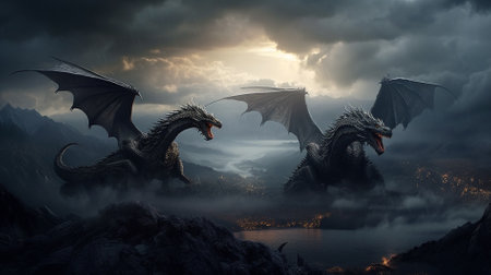 dragon in the sky above the lake. 3d render illustration.の素材