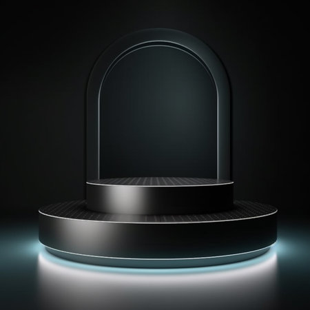 Black podium on a dark background. 3d rendering. Neon light.の素材