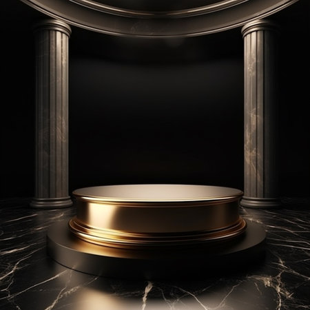 3d render of golden podium on black marble background. Luxury pedestal for product presentationの素材