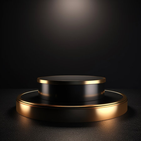 Black podium on black background. Mock up, 3D Renderingの素材