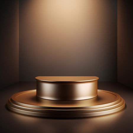 Golden podium in dark room. Realistic 3d vector illustration.の素材