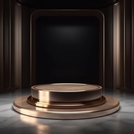 3d rendering of a golden podium on a marble floor in a dark roomの素材