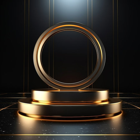 Abstract black background with golden podium, pedestal or platform. 3d renderの素材