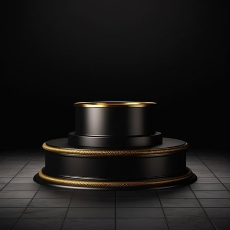 Black pedestal on dark background. 3d rendering, mock upの素材
