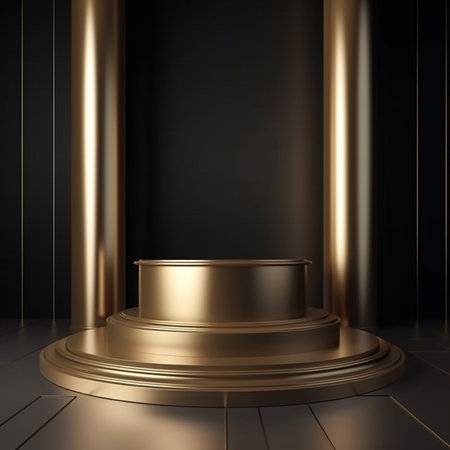 3d render of golden pedestal in dark room. Luxury backgroundの素材
