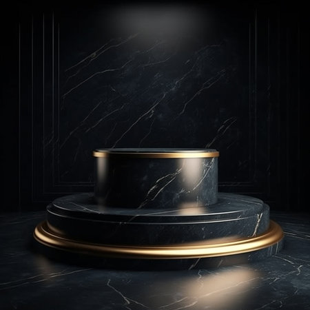 Black marble podium with golden pedestal on dark background. 3d renderの素材