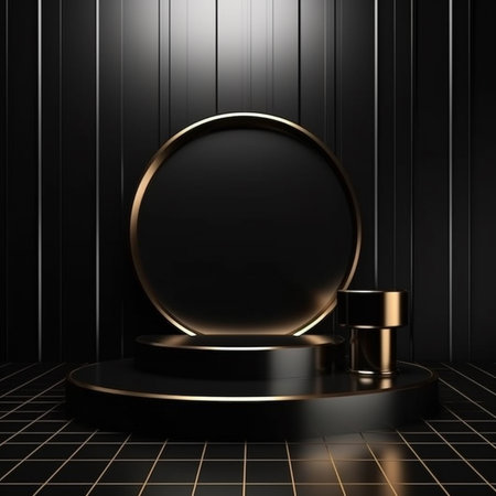 3d render, abstract geometric shape, black podium, pedestal or platform for cosmetics product presentationの素材