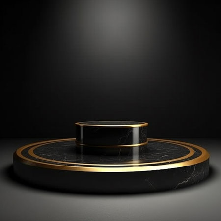 Black and gold podium on dark background. 3d render illustration.の素材