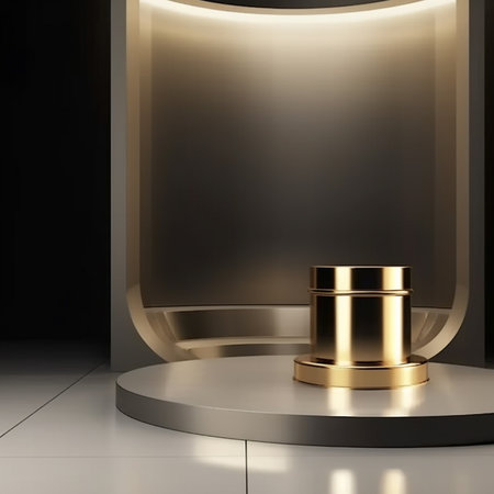 3d rendering of golden cylinder podium on black background. Luxury product display.の素材