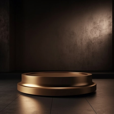Golden pedestal in dark room, 3d render, square imageの素材