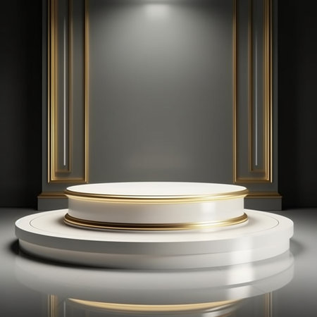 3d rendering of golden pedestal on black background. Luxury podiumの素材