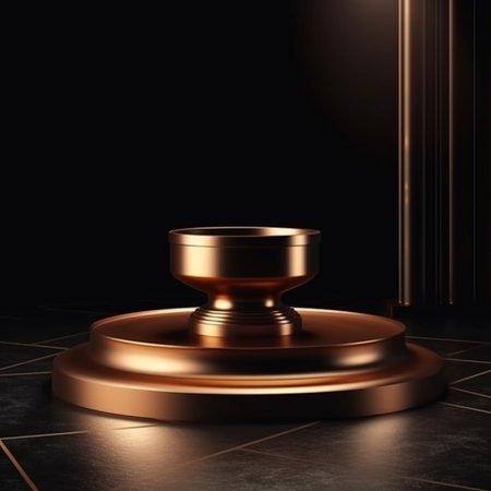 3d render of golden podium on black background. Luxury pedestalの素材