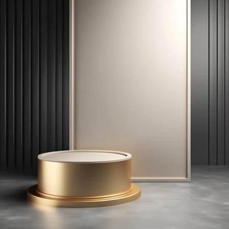 3d render of golden pedestal on gray concrete floor background.の素材