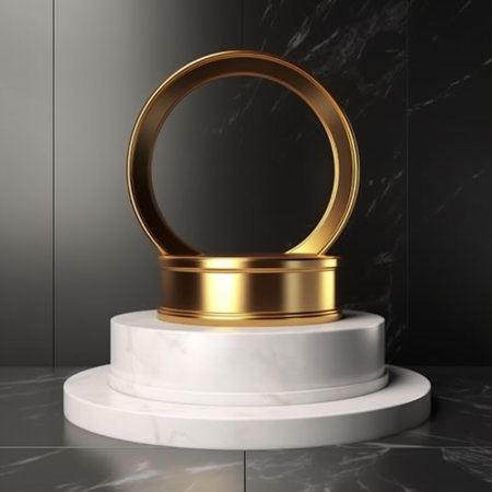 3d render of golden round podiumle platform in dark roomの素材