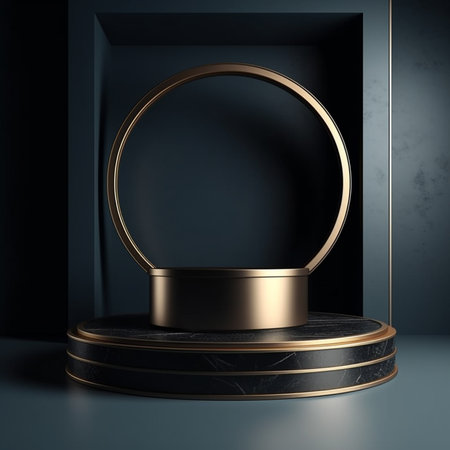 3d render of abstract geometric forms. Glossy golden podium for your design.の素材