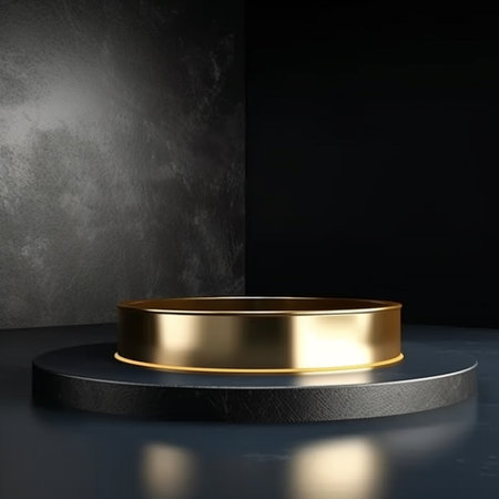 3d render, abstract black and golden pedestal on dark backgroundの素材